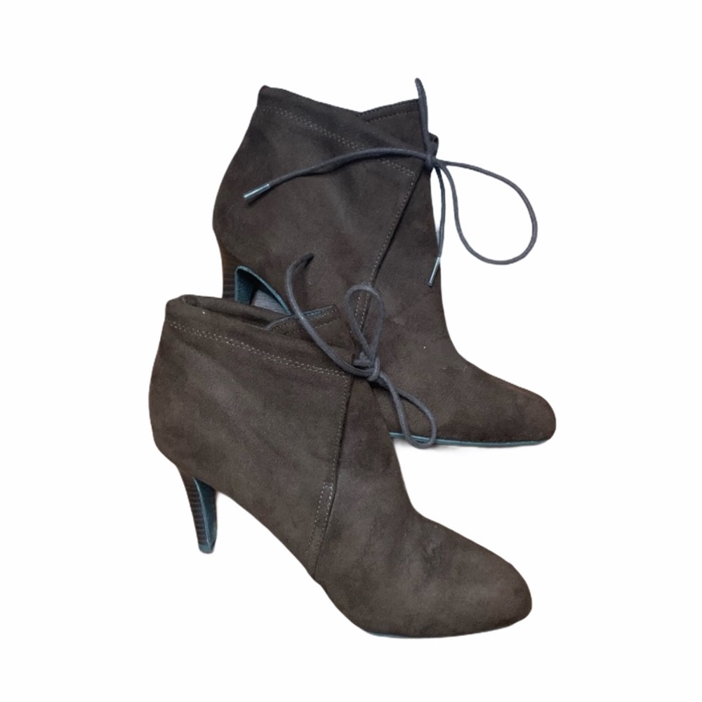 Brown suede ankle tie heel boot winter